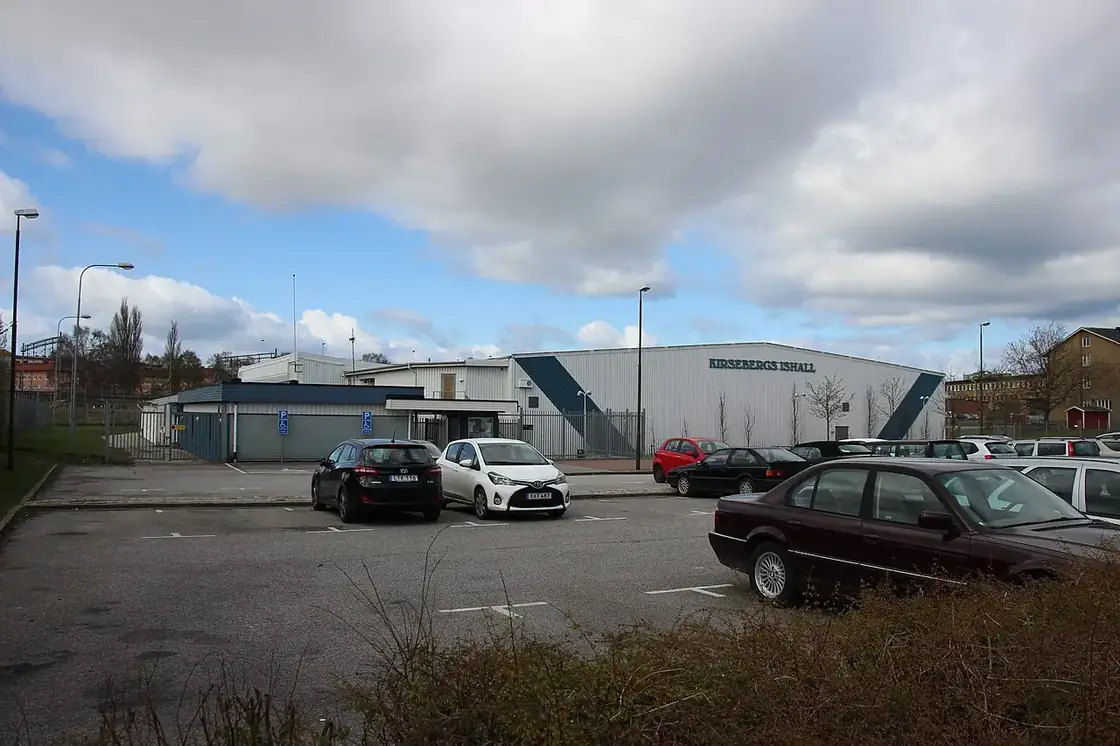 Ishall i Malmö sedd från parkeringen en molnig dag